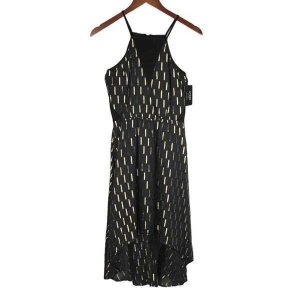 Guess Dress Black Gold Foil Taffeta High Low Hem Formal Women's 2 NEW small flaw - Picture 1 of 14
